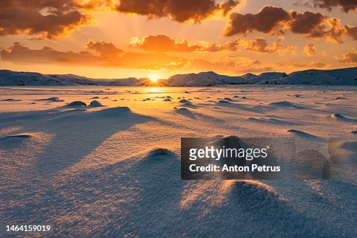 Winter landscape at sunset. Arctic Tundra
