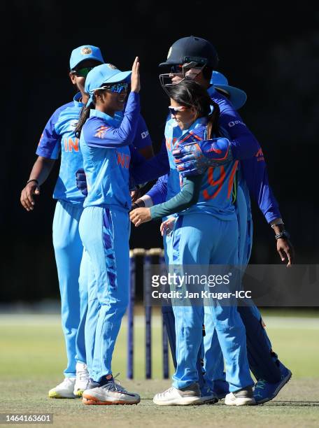 Devika Vaidya of India celebrates the wicket of Shorna Akter of Bangladesh during a warm-up match between Bangladesh and India prior to the ICC...