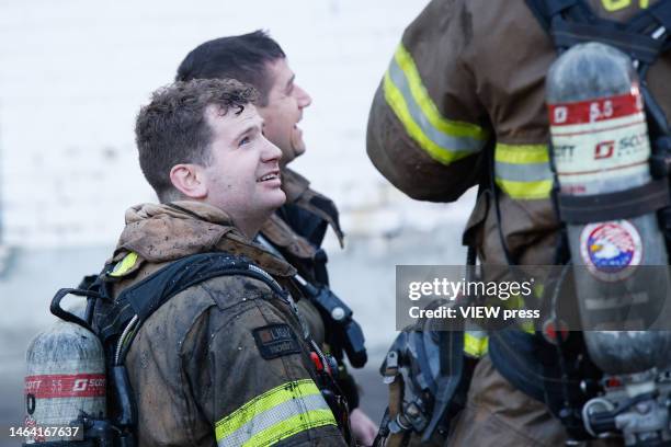 Firefighters respond to a 5-Alarm fire on February 8, 2023 in West New York, New Jersey. Fifteen families have been displaced after a huge fire...