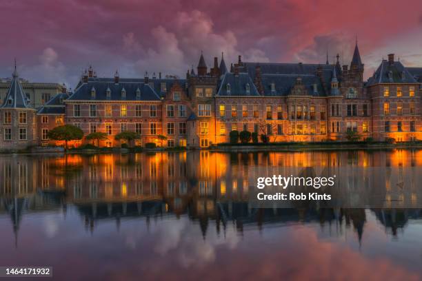 parliament buildings ( binnenhof ) in the hague reflected in the court pond after sunset - reflection pool imagens e fotografias de stock