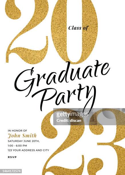 stockillustraties, clipart, cartoons en iconen met graduation class of 2023. party invitation. greeting cards with golden glitter. - afstudeer toga