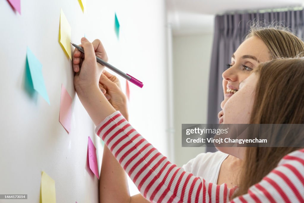 Mom Writing Note Young Mother And Daughter Read And Writing Paper Note Together In The ...