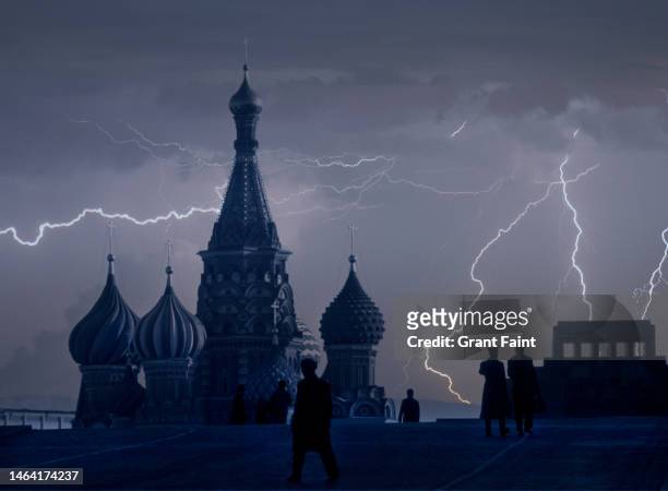 lightning over cathedral. - red square stock pictures, royalty-free photos & images