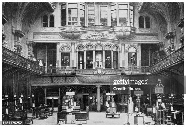 antique photograph of new york: interior of new york stock exchange - historic stock exchange building stock illustrations