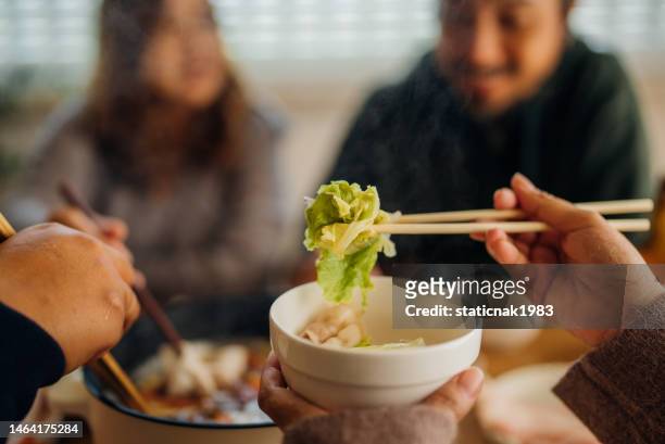amigos asiáticos y amigos disfrutando de la cena de reunión de fiesta en casa. - hot pot dish fotografías e imágenes de stock