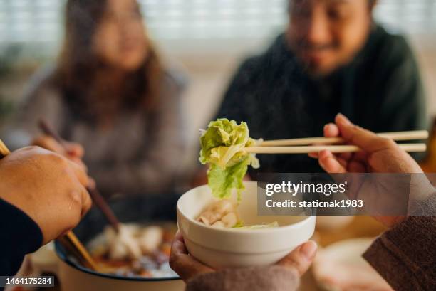 asian female and male friends enjoying party reunion dinner at home. - hot pots stock pictures, royalty-free photos & images