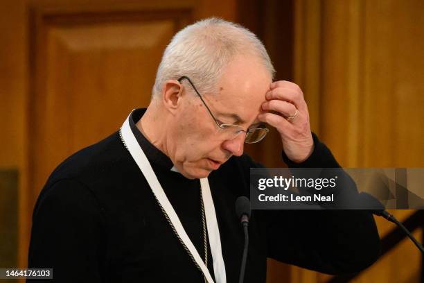 Archbishop of Canterbury Justin Welby addresses General Synod delegates during the debate on gay marriage at The Church House on February 08, 2023 in...
