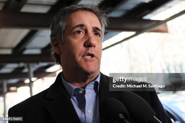 Former Trump Attorney Michael Cohen gives a short statement to members of the press as he arrives to meet with the Manhattan District Attorney on...
