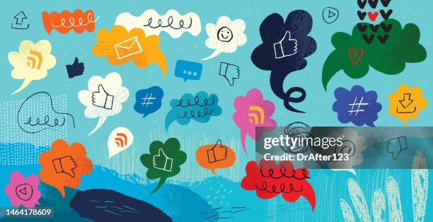 ilustrações, clipart, desenhos animados e ícones de internet e social media speech bubbles conceito - divertimento
