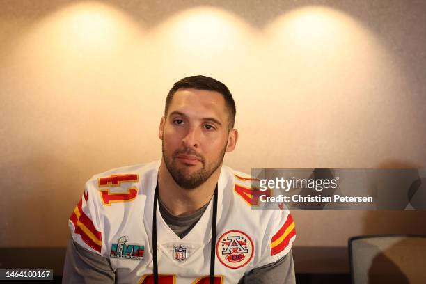 James Winchester of the Kansas City Chiefs speaks to the media during the Kansas City Chiefs media availability prior to Super Bowl LVII at the Hyatt...