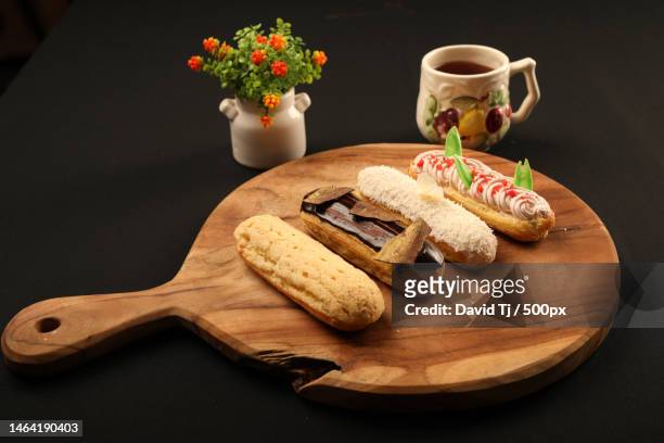 high angle view of food on cutting board over table,jakarta,indonesia - jakarta stock pictures, royalty-free photos & images