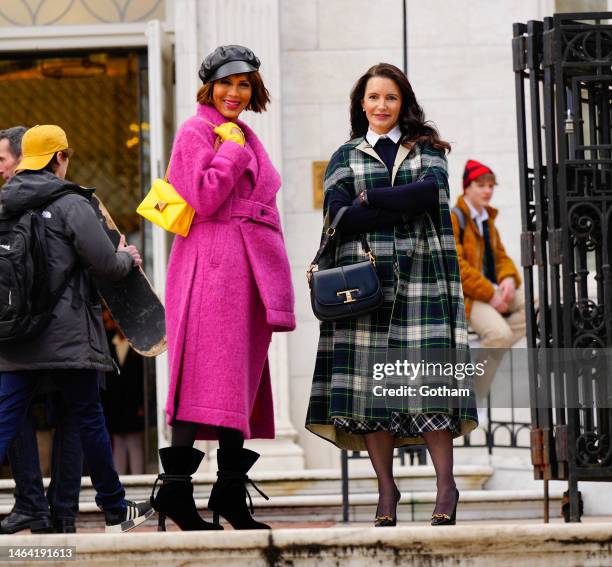 Nicole Ari Parker and Kristin Davis on location for 'And Just Like That' in Chinatown on February 06, 2023 in New York City.