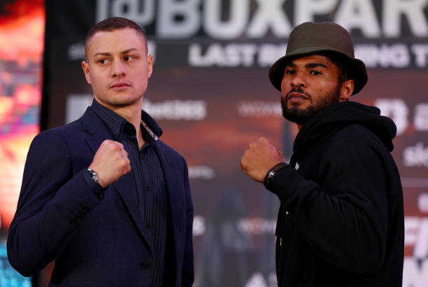 Zak Chelli of England and Anthony Sims of the USA go head-to-headduring the BOXXER Fight Week Media Day at BOXPARK Wembley on February 08, 2023 in...