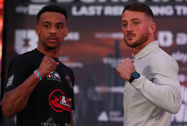 Tyler Denny of England and Brad Pauls of England go head-to-head during the BOXXER Fight Week Media Day at BOXPARK Wembley on February 08, 2023 in...