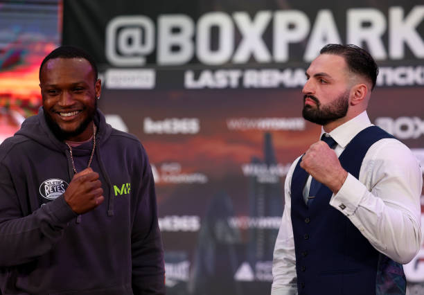 Viddal Riley of England and Anees Taj of England go head-to-head during the BOXXER Fight Week Media Day at BOXPARK Wembley on February 08, 2023 in...