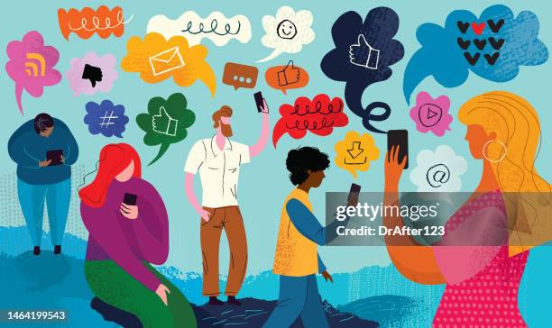 ilustraciones, imágenes clip art, dibujos animados e iconos de stock de efecto de la tecnología en la sociedad - bloguear