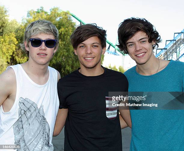 Niall Horan, Louis Tomlinson and Harry Styles of One Direction visit Six Flags Magic Mountain on June 15, 2012 in Valencia, California.