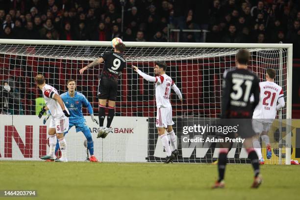 Dawid Kownacki of Fortuna Düsseldorf scores their team's first goal during the DFB Cup round of 16 match between 1. FC Nürnberg and Fortuna...