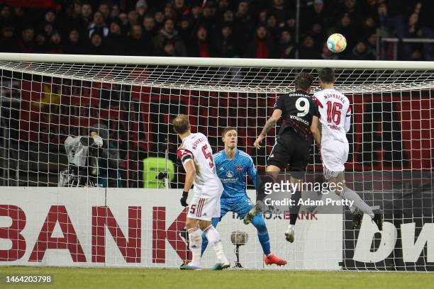 Dawid Kownacki of Fortuna Düsseldorf scores their team's first goal during the DFB Cup round of 16 match between 1. FC Nürnberg and Fortuna...