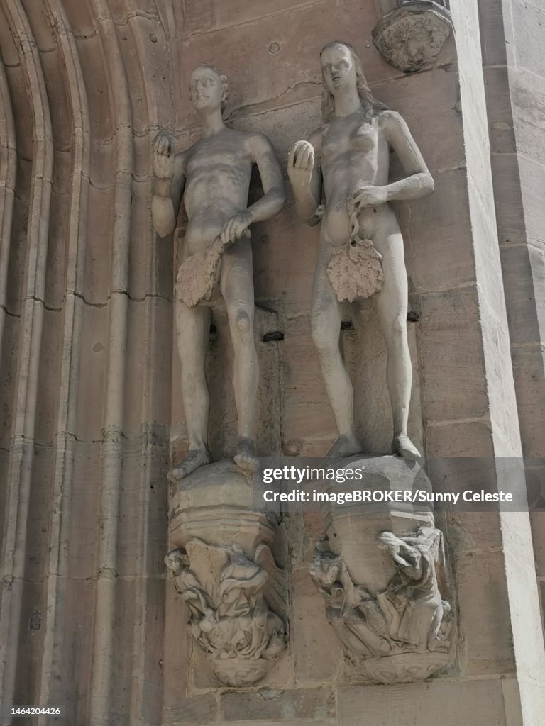 Adam and Eve at the main portal, Morizkirche, Evangelical Lutheran Town Church of St. Moriz, Coburg, Upper Franconia, Bavaria, Germany