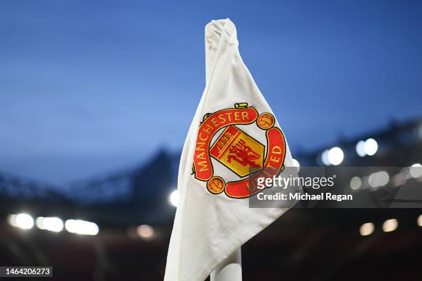 Detailed view of a Manchester United corner flag is seen prior to the Premier League match between Manchester United and Leeds United at Old Trafford...
