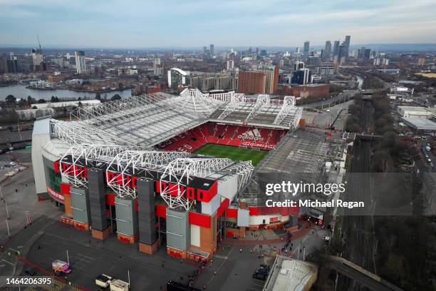 An aerial view of Old Trafford is seen prior to the Premier League match between Manchester United and Leeds United on February 08, 2023 in...