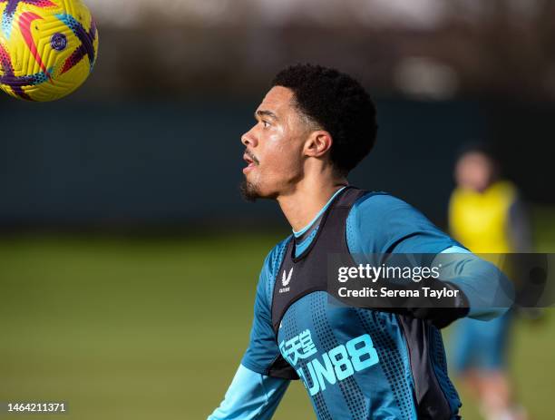 Jamal Lewis controls the ball the Newcastle United Training Centre at the Newcastle United Training Centre on February 08, 2023 in Newcastle upon...