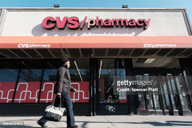 Pharmacy stands in a Brooklyn neighborhood on February 08, 2023 in New York City. It's been announced that CVS Health Corp will buy Oak Street Health...