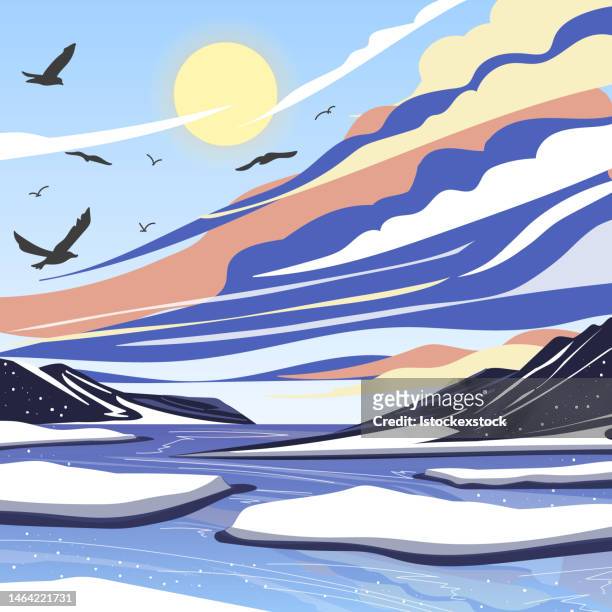 stockillustraties, clipart, cartoons en iconen met the landscape of icebergs and ocean. vector illustration. - ijsberg ijsformatie