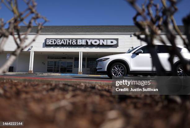 Car drives by a closed Bed Bath and Beyond store on February 08, 2023 in Larkspur, California. One week after home retailer Bed Bath and Beyond...