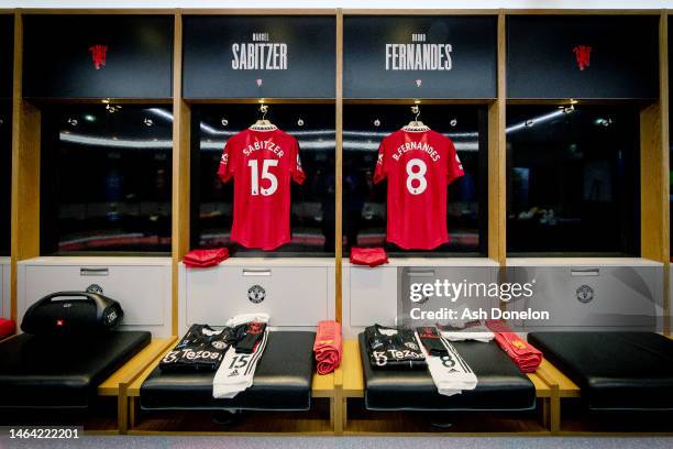 General view inside the Manchester United dressing room prior to the Premier League match between Manchester United and Leeds United at Old Trafford...