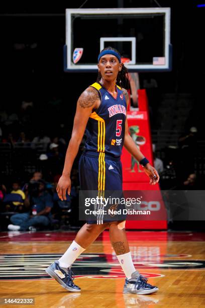 Roneeka Hodges of the Indiana Fever waits to resume action against the Washington Mystics at the Verizon Center on June 15, 2012 in Washington, DC....