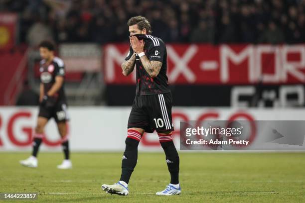 Daniel Ginczek of Fortuna Düsseldorf reacts during the DFB Cup round of 16 match between 1. FC Nürnberg and Fortuna Düsseldorf at Max-Morlock-Stadion...