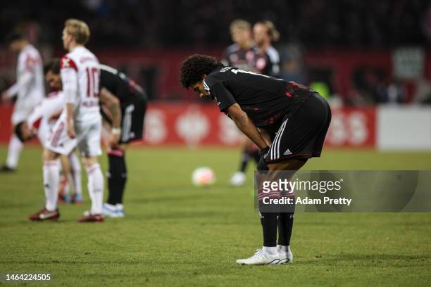Emmanuel Iyoha of Fortuna Düsseldorf reacts during extra time of the DFB Cup round of 16 match between 1. FC Nürnberg and Fortuna Düsseldorf at...