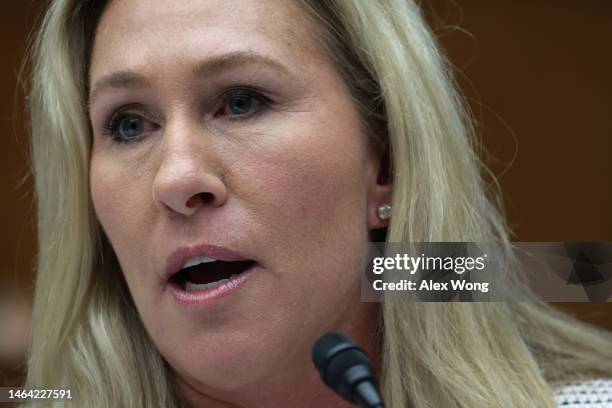 Rep. Marjorie Taylor-Greene speaks during a hearing before the House Oversight and Accountability Committee at Rayburn House Office Building on...