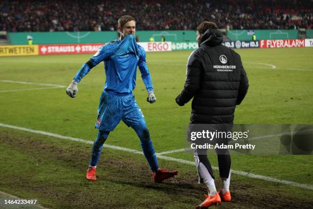 Peter Vindahl of 1. FC Nürnberg reacts after winning the DFB Cup round of 16 match between 1. FC Nürnberg and Fortuna Düsseldorf at...