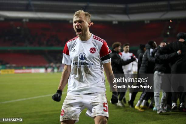 Johannes Geis of 1. FC Nürnberg reacts after winning the DFB Cup round of 16 match between 1. FC Nürnberg and Fortuna Düsseldorf at...