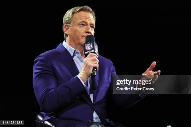 Commissioner Roger Goodell speaks during a press conference in advance of Super Bowl LVII at Phoenix Convention Center on February 08, 2023 in...