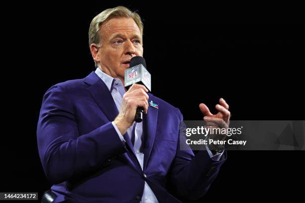 Commissioner Roger Goodell speaks during a press conference in advance of Super Bowl LVII at Phoenix Convention Center on February 08, 2023 in...