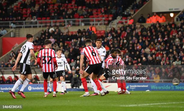 Fulham striker Harry Wilson shoots to score the opening goal during the Emirates FA Cup Fourth Round Replay between Sunderland and Fulham at Stadium...