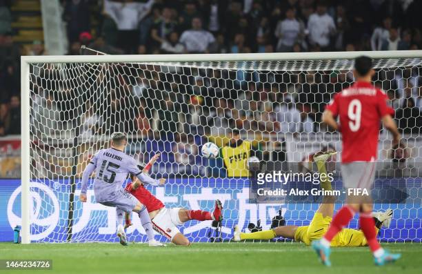 Federico Valverde of Real Madrid scores the team's second goal as Mohammed El Shenawy of Al Ahly FC fails to make a save during the FIFA Club World...