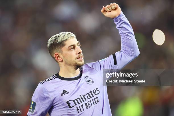 Federico Valverde of Real Madrid celebrates after scoring the team's second goal during the FIFA Club World Cup Morocco 2022 Semi Final match between...