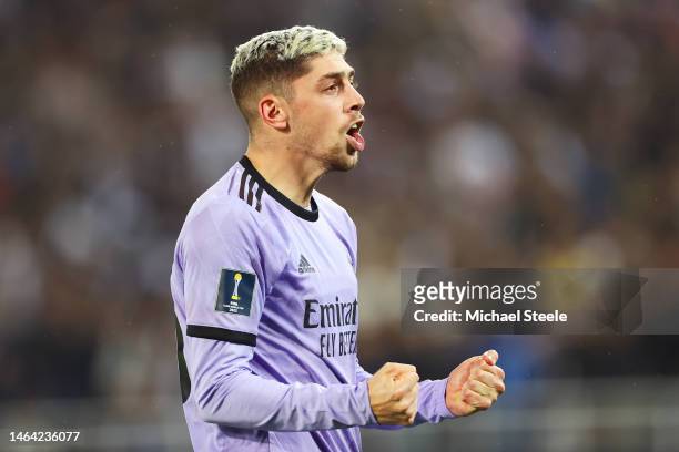 Laser beam is seen on the face of Federico Valverde of Real Madrid as he celebrates after scoring the team's second goal during the FIFA Club World...