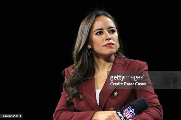 Amazon Prime Video announcer Kaylee Hartung listens as she moderates the Roger Goodell presser conference at Phoenix Convention Center on February...