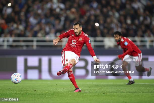 Ali Maaloul of Al Ahly FC scores the team's first goal from a penalty kick during the FIFA Club World Cup Morocco 2022 Semi Final match between Al...