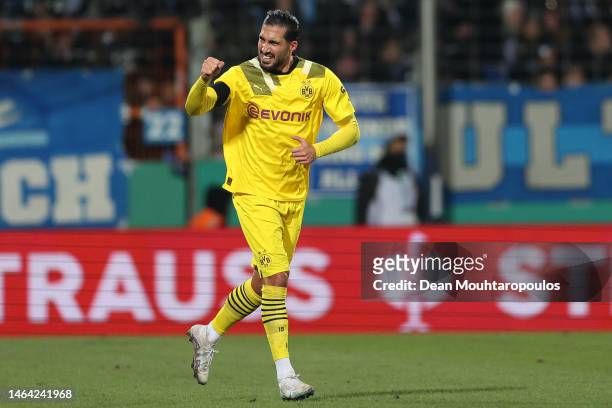 Emre Can of Borussia Dortmund celebrates after scoring their team's first goal during the DFB Cup round of 16 match between VfL Bochum and Borussia...