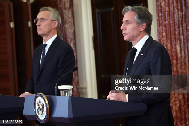 Secretary of State Antony Blinken and NATO Secretary General Jens Stoltenberg speak during a joint press conference at the State Department on...