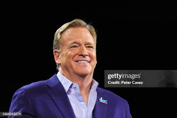 Commissioner Roger Goodell speaks during a press conference in advance of Super Bowl LVII at Phoenix Convention Center on February 08, 2023 in...