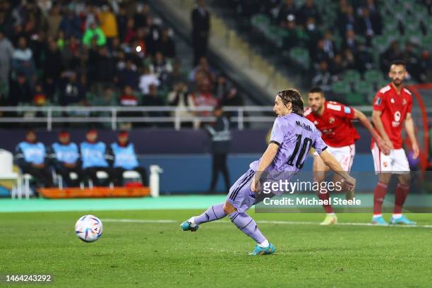 Luka Modric of Real Madrid takes a penalty kick which is missed during the FIFA Club World Cup Morocco 2022 Semi Final match between Al Ahly and Real...