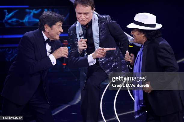 Gianni Morandi, Massimo Ranieri and Al Bano attend the 73rd Sanremo Music Festival 2023 at Teatro Ariston on February 08, 2023 in Sanremo, Italy.